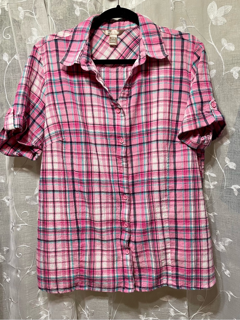 White Stag Pink and Teal Plaid Button-Up
